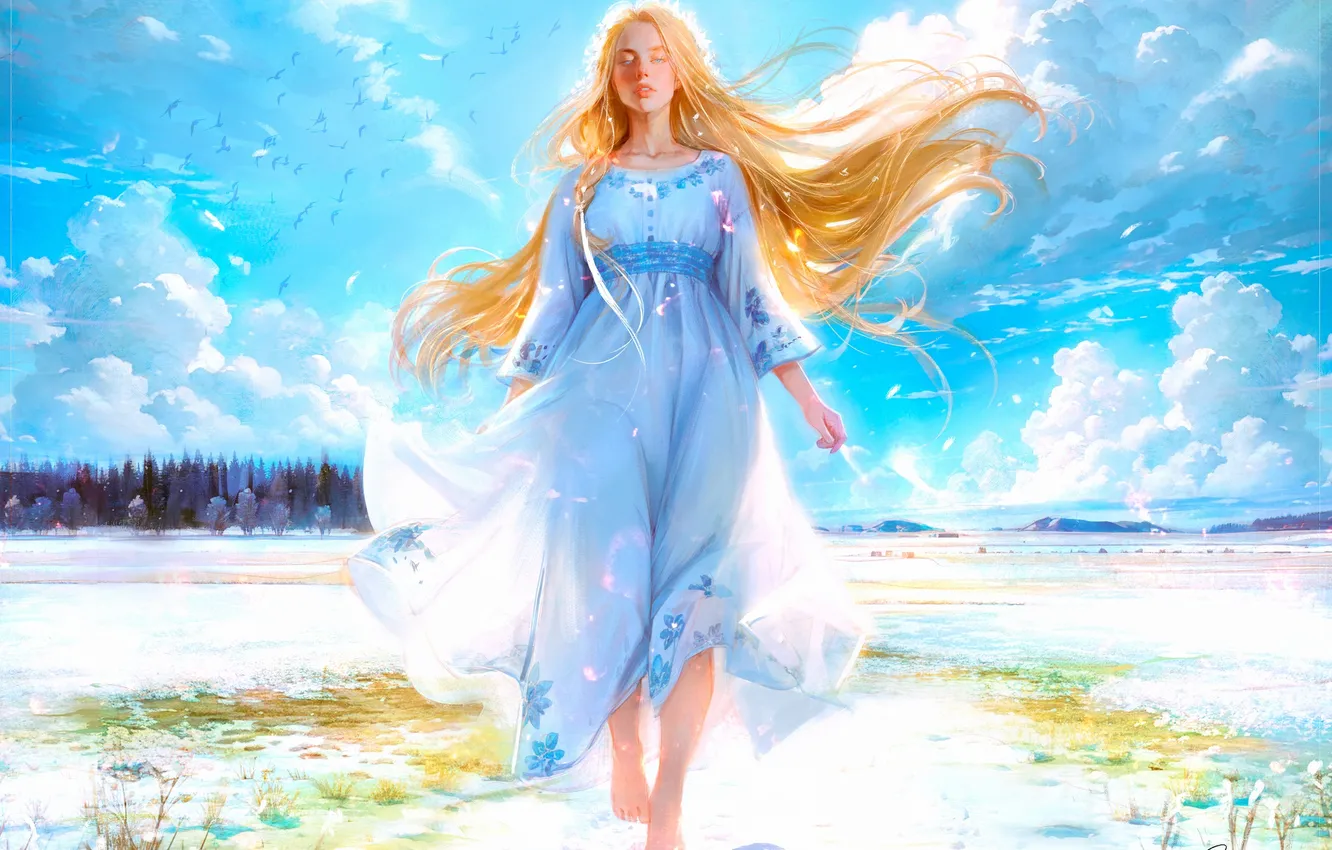 Photo wallpaper girl, clouds, tenderness, from panda, by Panda