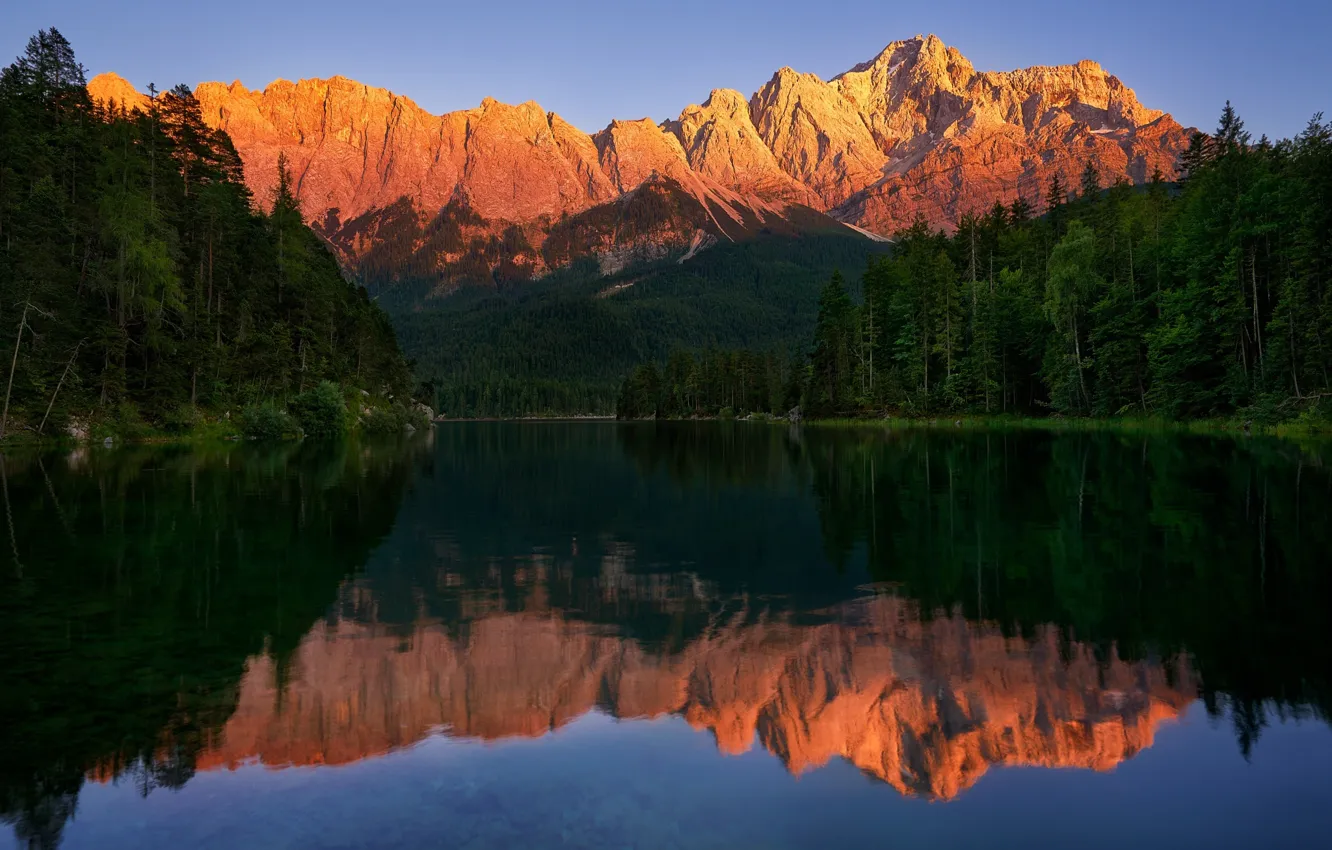 Photo wallpaper forest, the sky, reflection, mountains, nature, lake