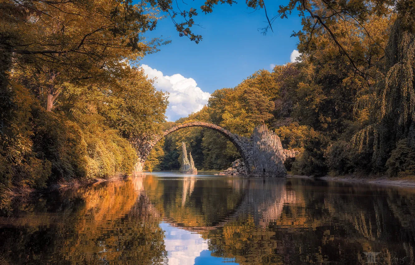 Photo wallpaper autumn, forest, bridge, lake, reflection, Germany, Germany, Saxony