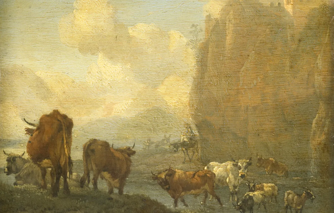 Photo wallpaper animals, oil, picture, 1694, Willem Romeyn, Herd by the River, Willem Romeyn