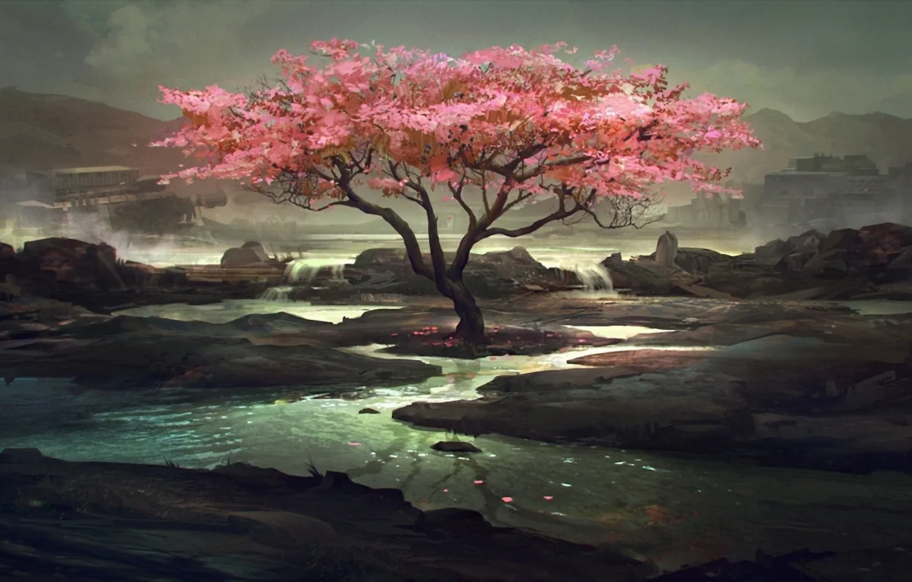 Photo wallpaper trees, lake, art, gloomy