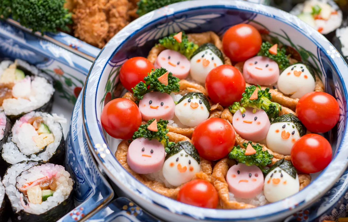 Photo wallpaper sausage, eggs, vegetables, faces, tomatoes, rolls, broccoli, cuts
