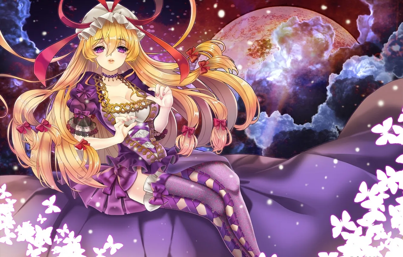 Photo wallpaper chest, look, girl, butterfly, dress, the full moon, gesture, touhou