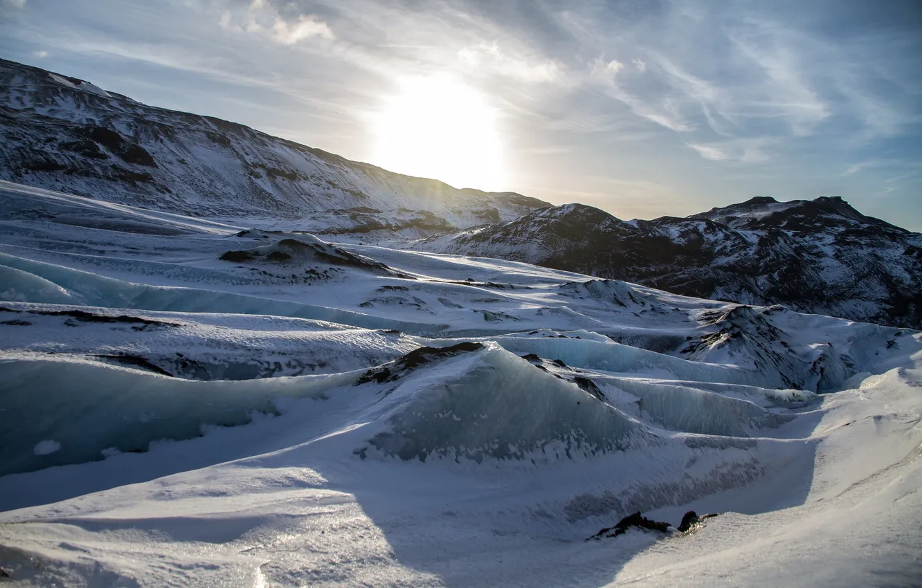 Photo wallpaper ice, winter, the sun, snow, landscape, mountains, ice