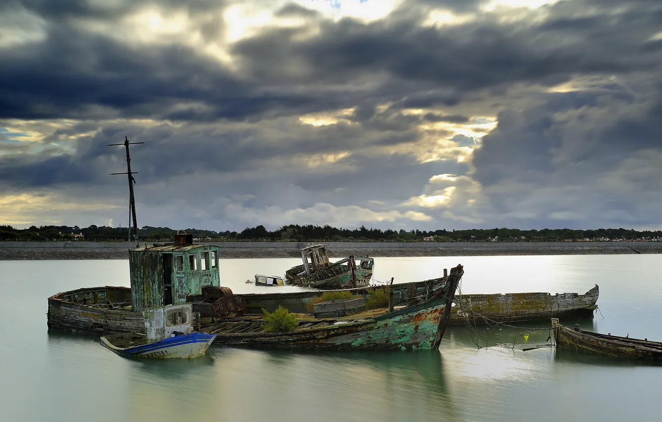 Photo wallpaper landscape, river, boat