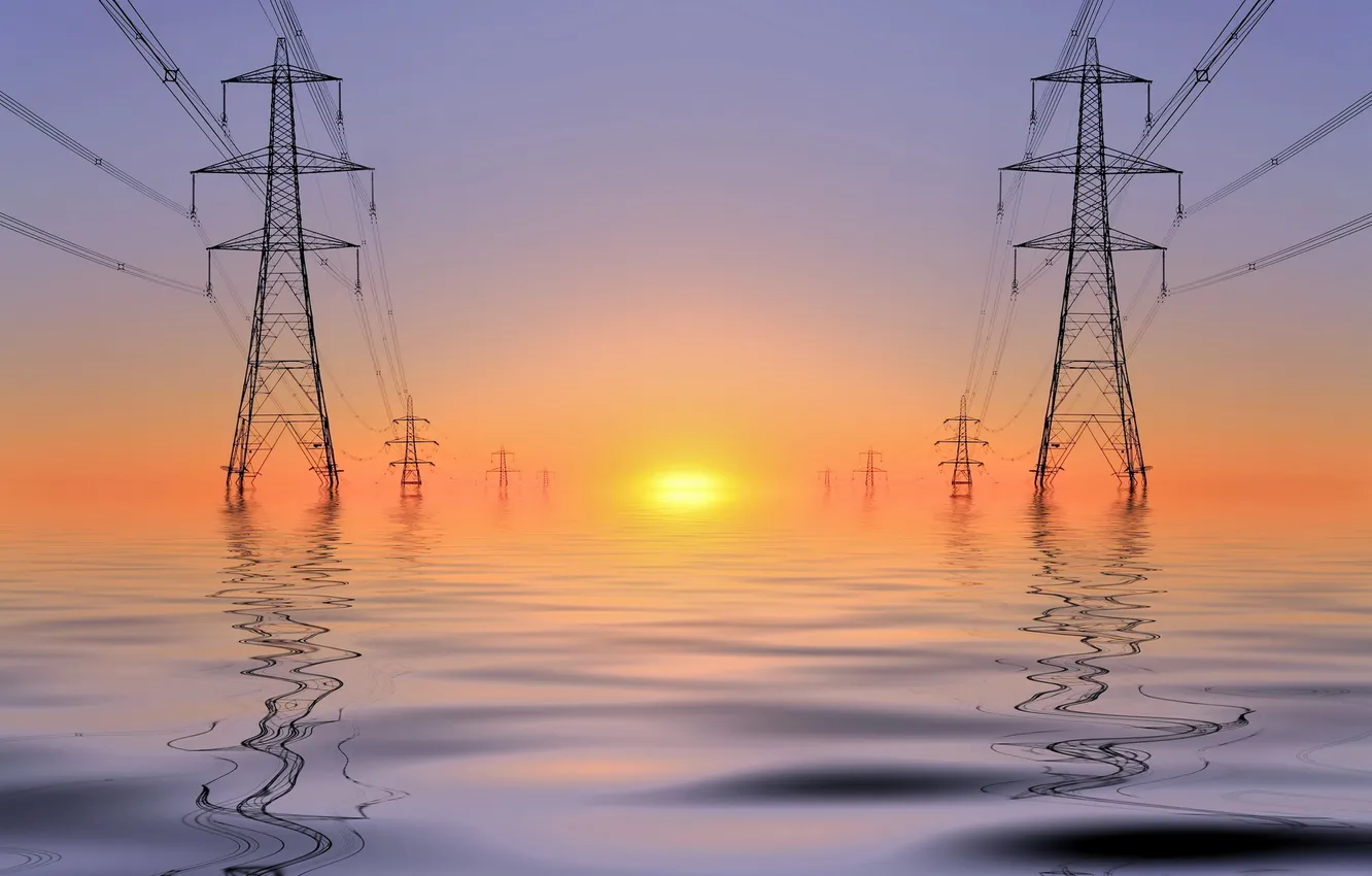 Photo wallpaper landscape, sunset, wire, support