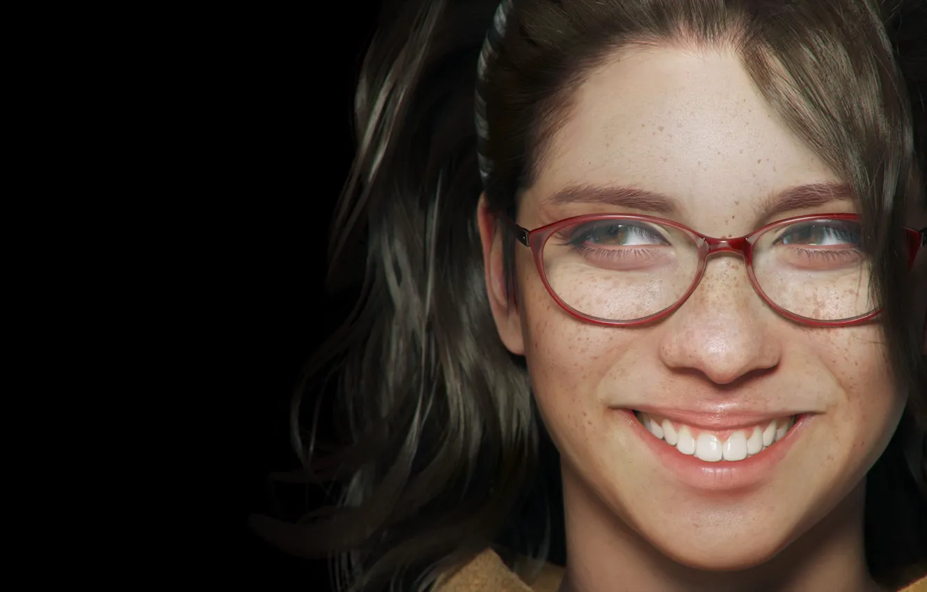 Photo wallpaper look, girl, face, smile, hair, teeth, glasses, freckles