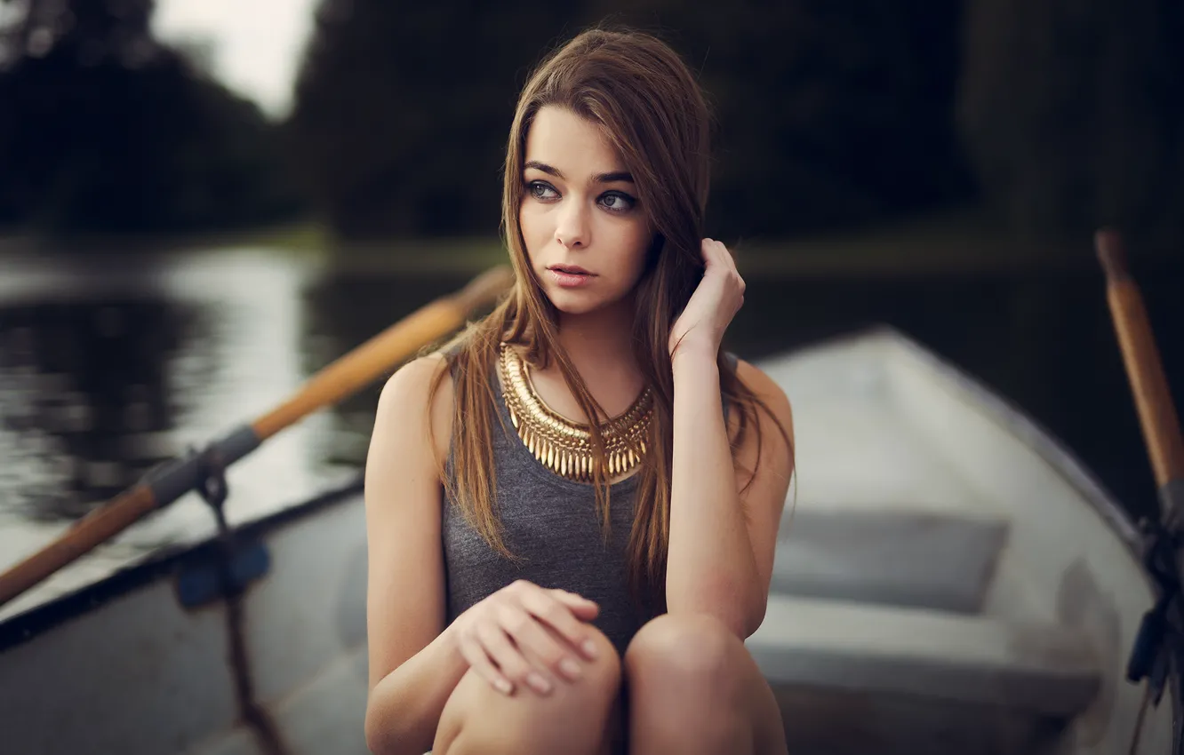 Photo wallpaper look, water, girl, decoration, boat, Mike, brown hair, necklace
