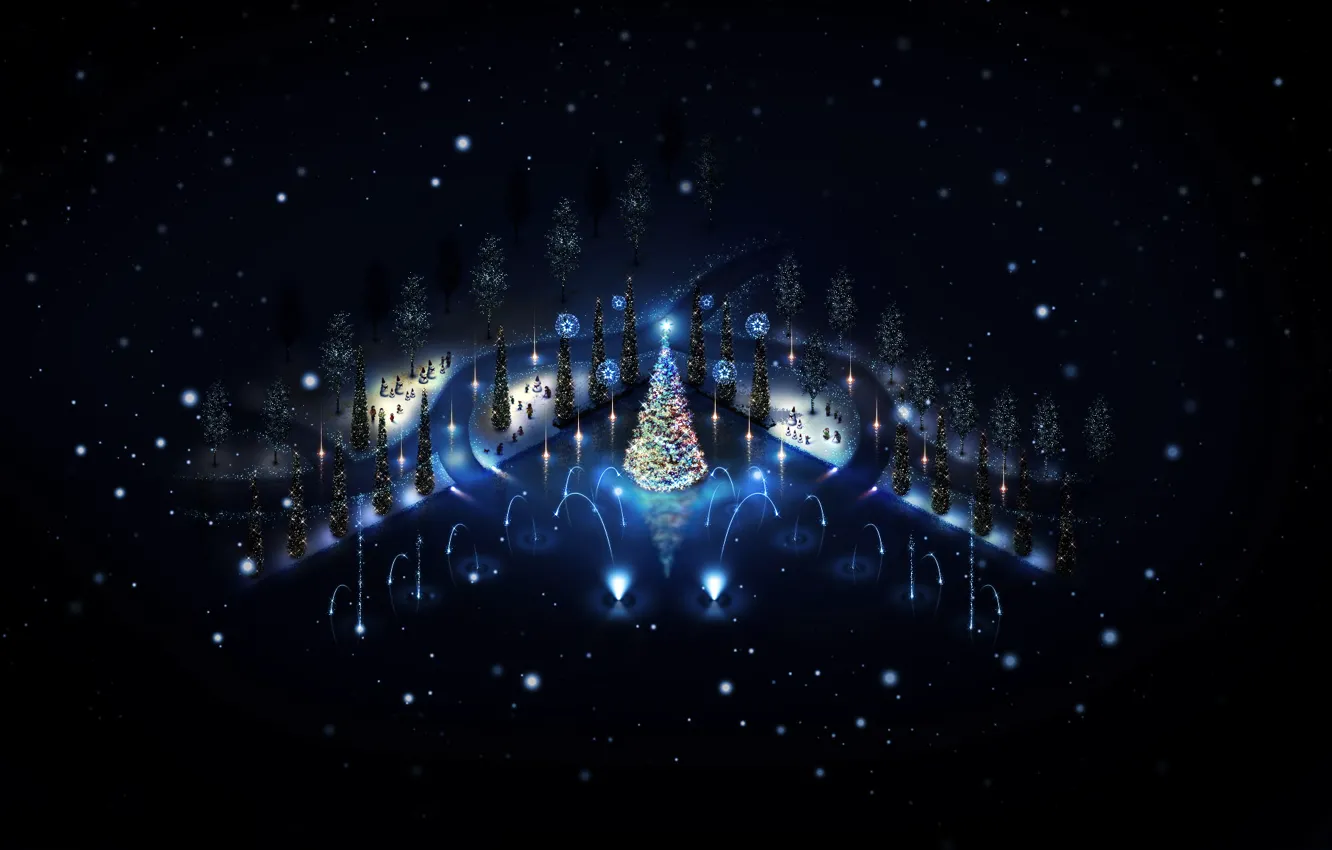 Photo wallpaper winter, night, lights, holiday, toys, tree, new year, snowmen