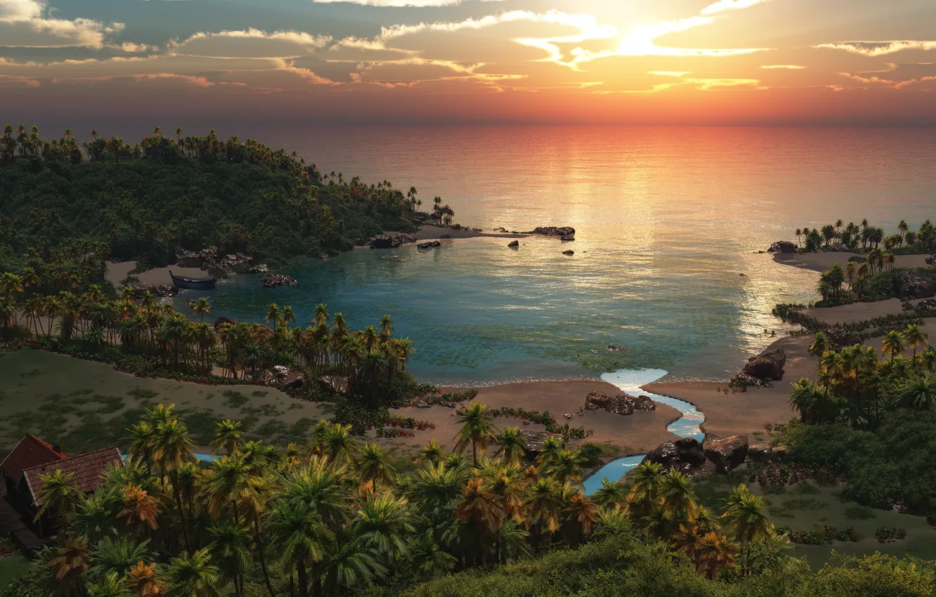 Photo wallpaper stream, palm trees, shore, Laguna, Fisherman's paradise