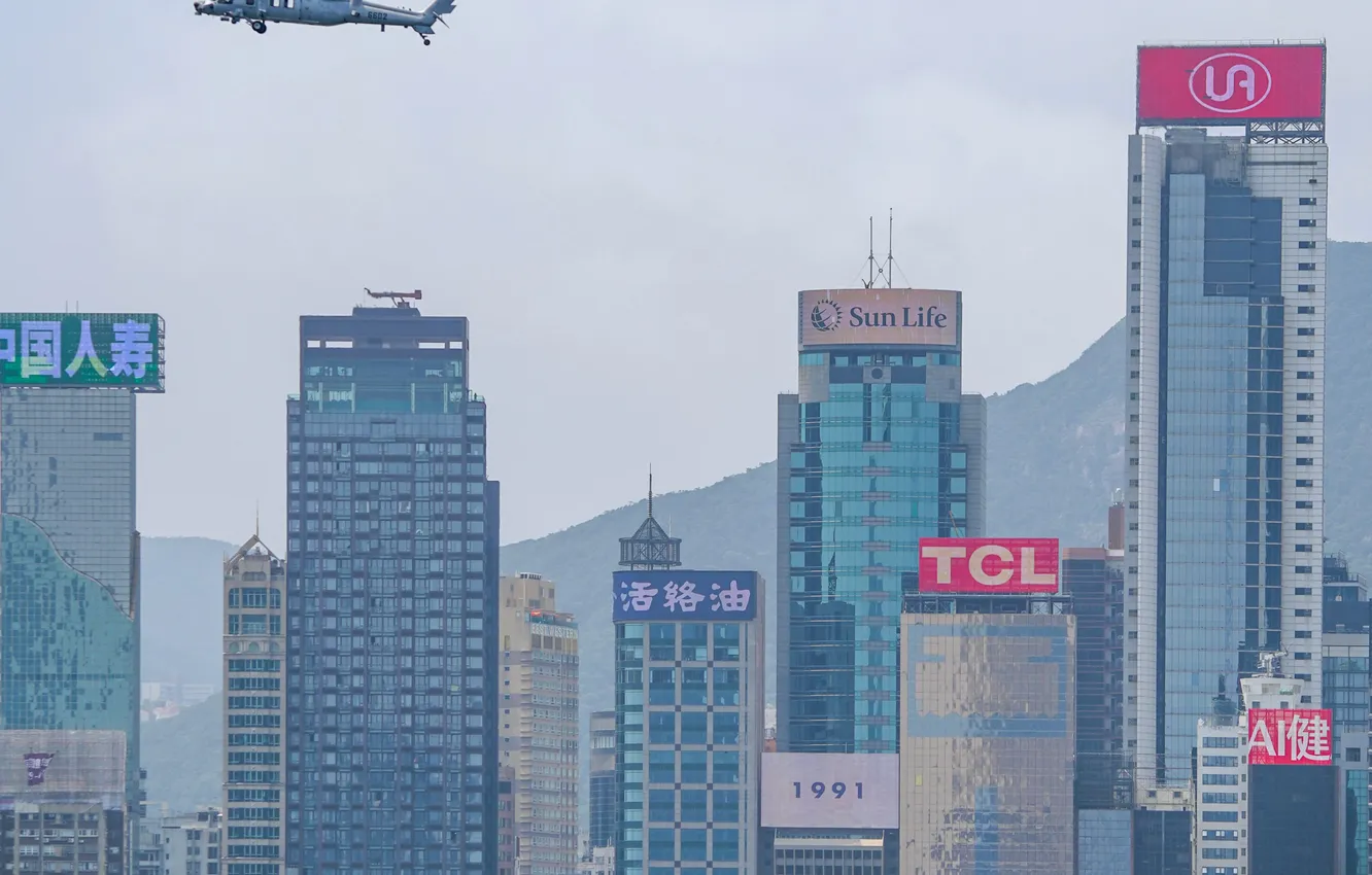 Photo wallpaper landscape, building, Hong Kong, helicopter