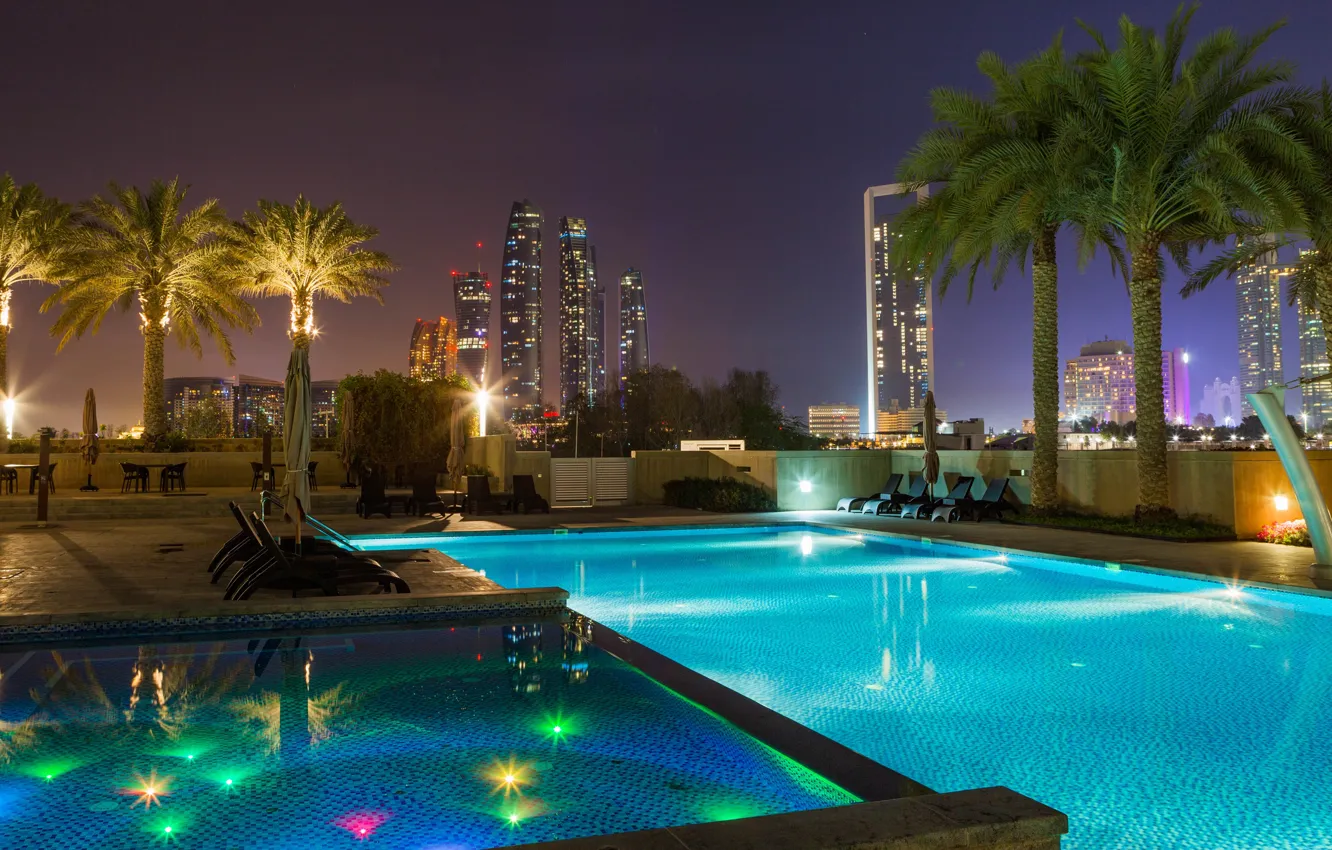 Photo wallpaper the city, lights, the evening, pool, Abu Dhabi, UAE