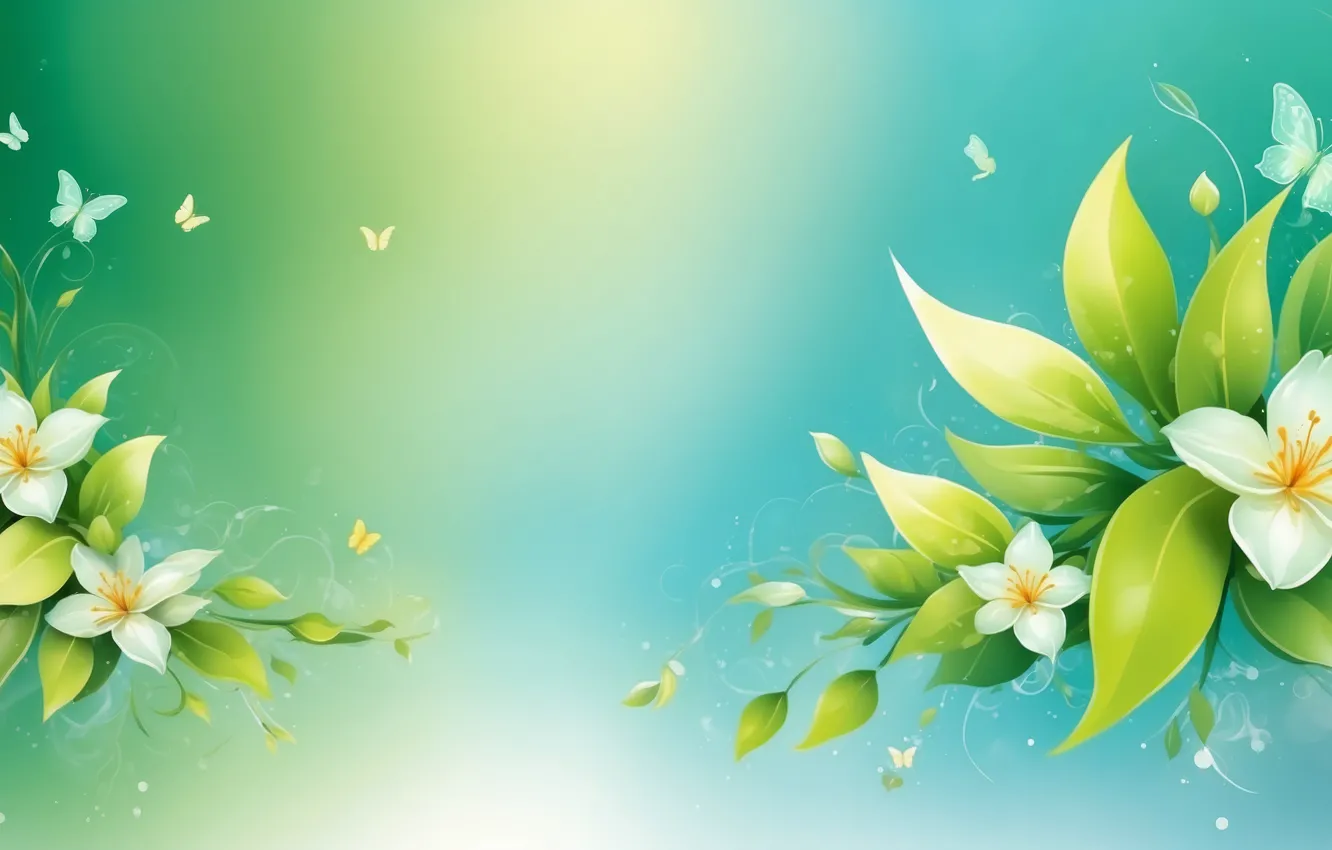 Photo wallpaper flowers, green background, composition, AI art, neural network