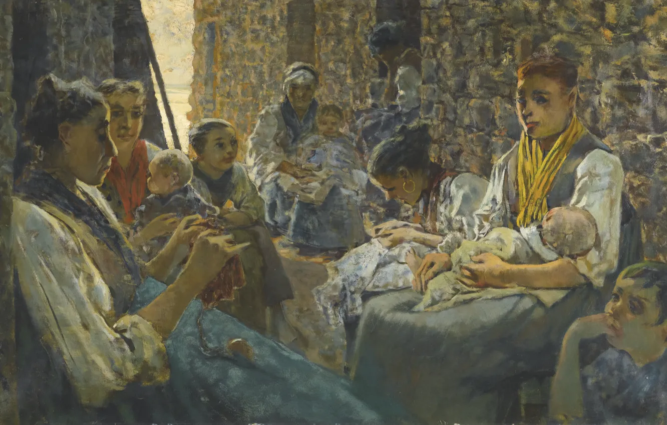 Photo wallpaper children, woman, picture, Italian artist, Telemaco Signorini, Telemaco Signorini, Idle hours in Riomaggiore