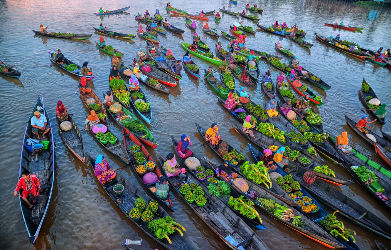 Photo wallpaper vegetables, trade, canoes, products, merchandise, foodstuffs