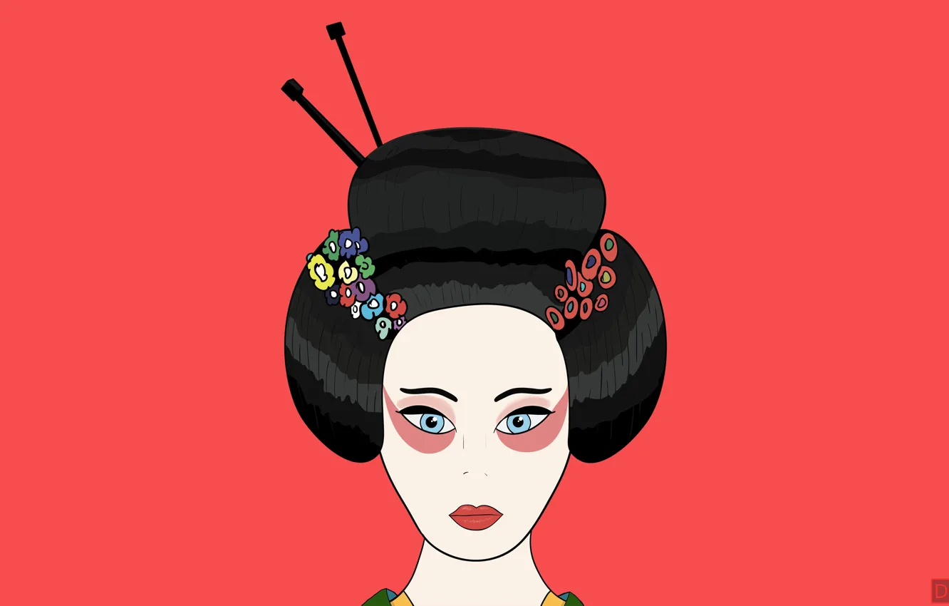 Photo wallpaper flowers, red, hair, figure, minimalism, Japan, geisha, lips