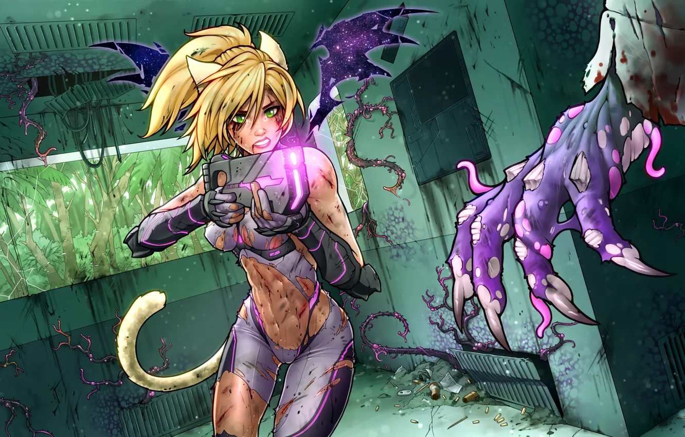 Photo wallpaper chest, girl, blood, wings, monster, hands, costume, tail