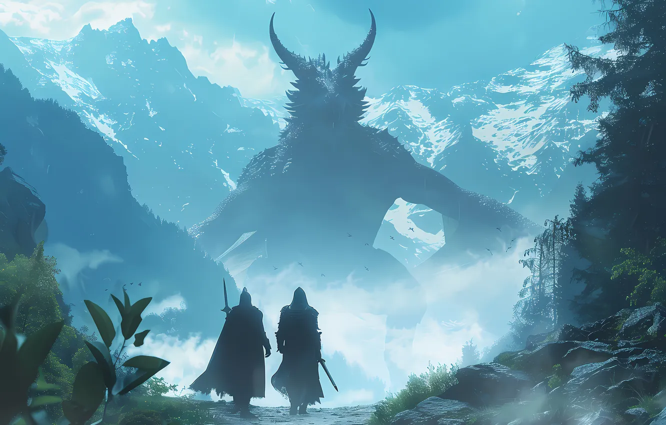 Photo wallpaper mountains, monster, warrior, horns, male, digital art, Supernatural Beings, AI art