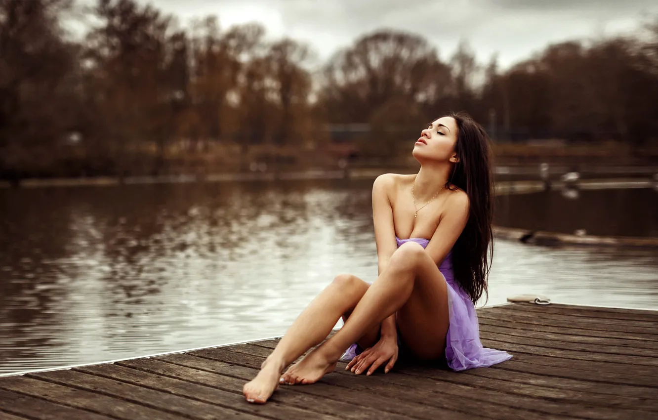 Photo wallpaper trees, pose, river, model, makeup, pier, dress, brunette
