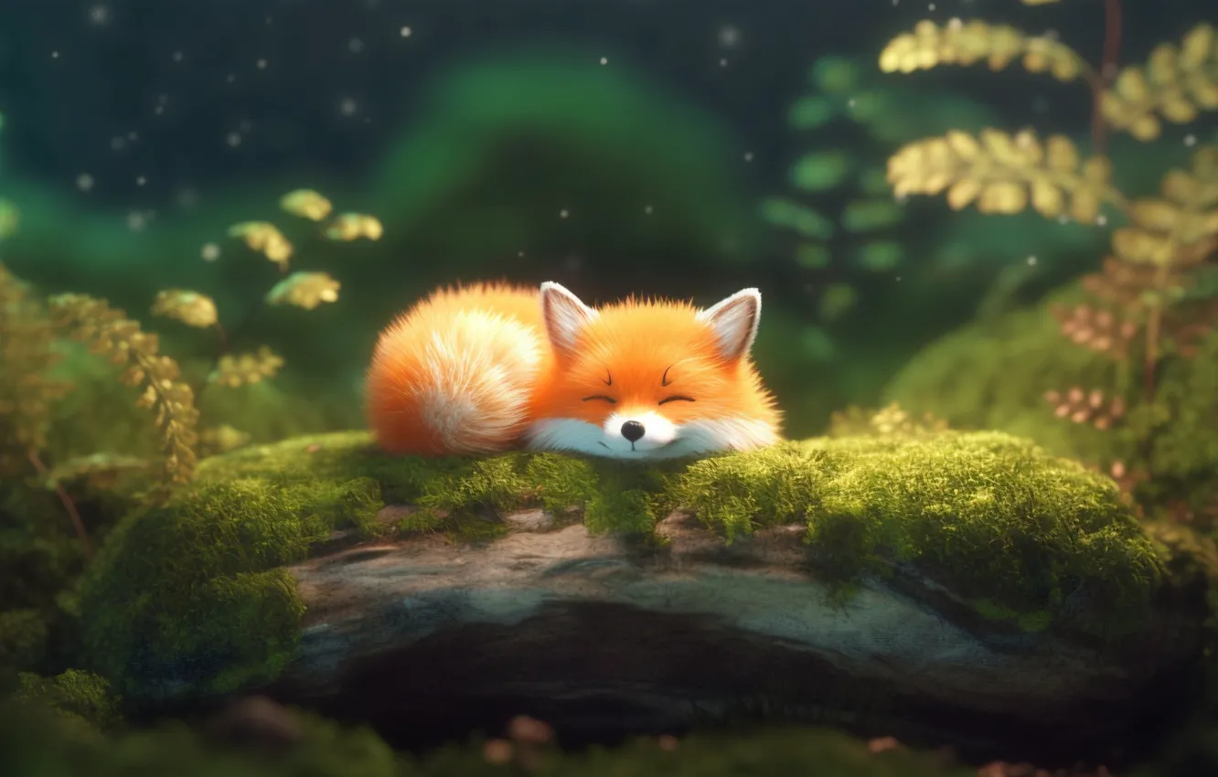 Photo wallpaper sleeping, red, Fox, in the sun, mossy log, covert, curled up, fluffy ball