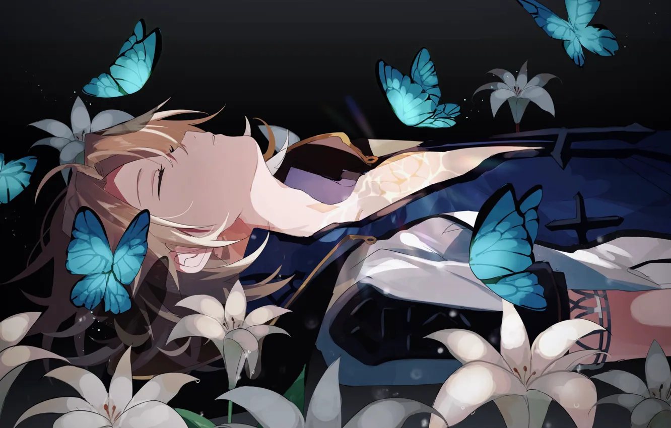 Photo wallpaper butterfly, Lily, guy, albedo, Genshin Impact