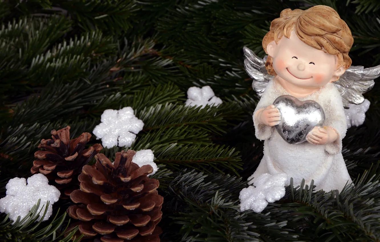 Photo wallpaper decoration, snowflakes, branches, smile, holiday, toy, tree, new year