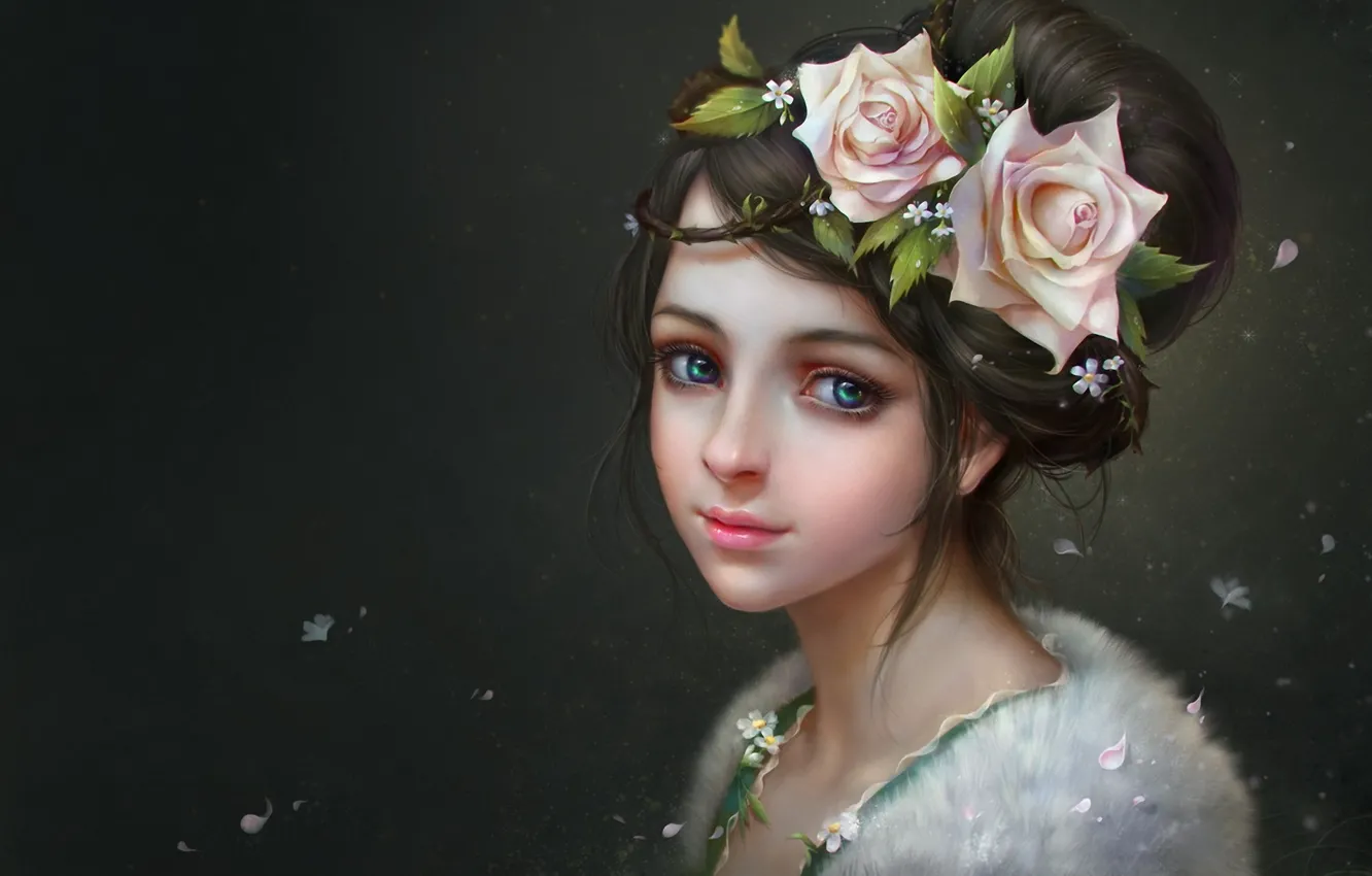 Photo wallpaper girl, flowers, background, roses, art, fur