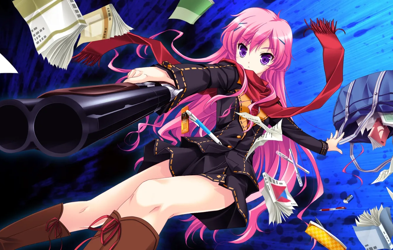 Photo wallpaper girl, weapons, art, book, bag, Mukougaoka Kana, makita maki, shinigami no testament