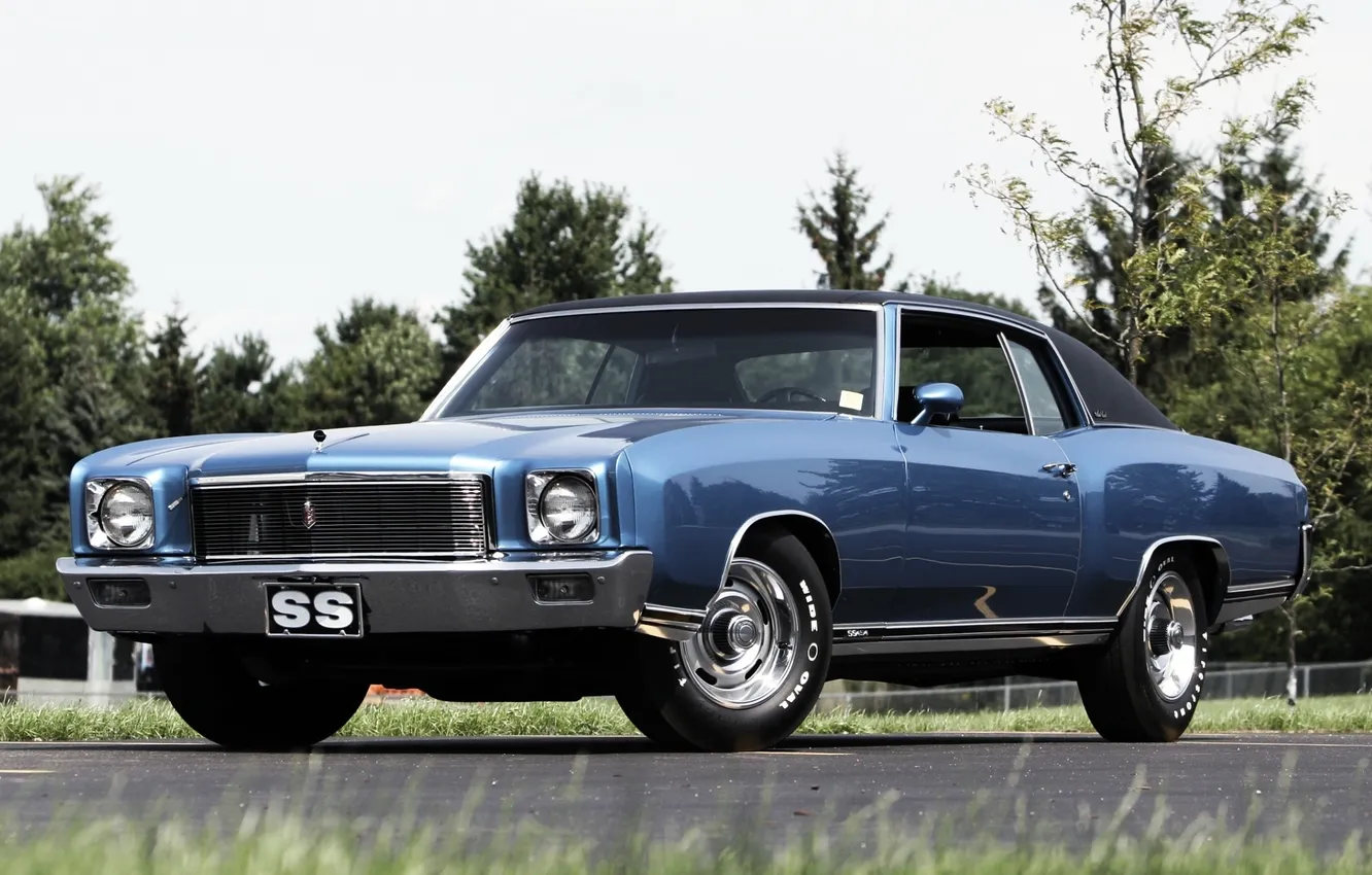 Photo wallpaper grass, trees, blue, Chevrolet, 1971, Chevrolet, muscle car, muscle car