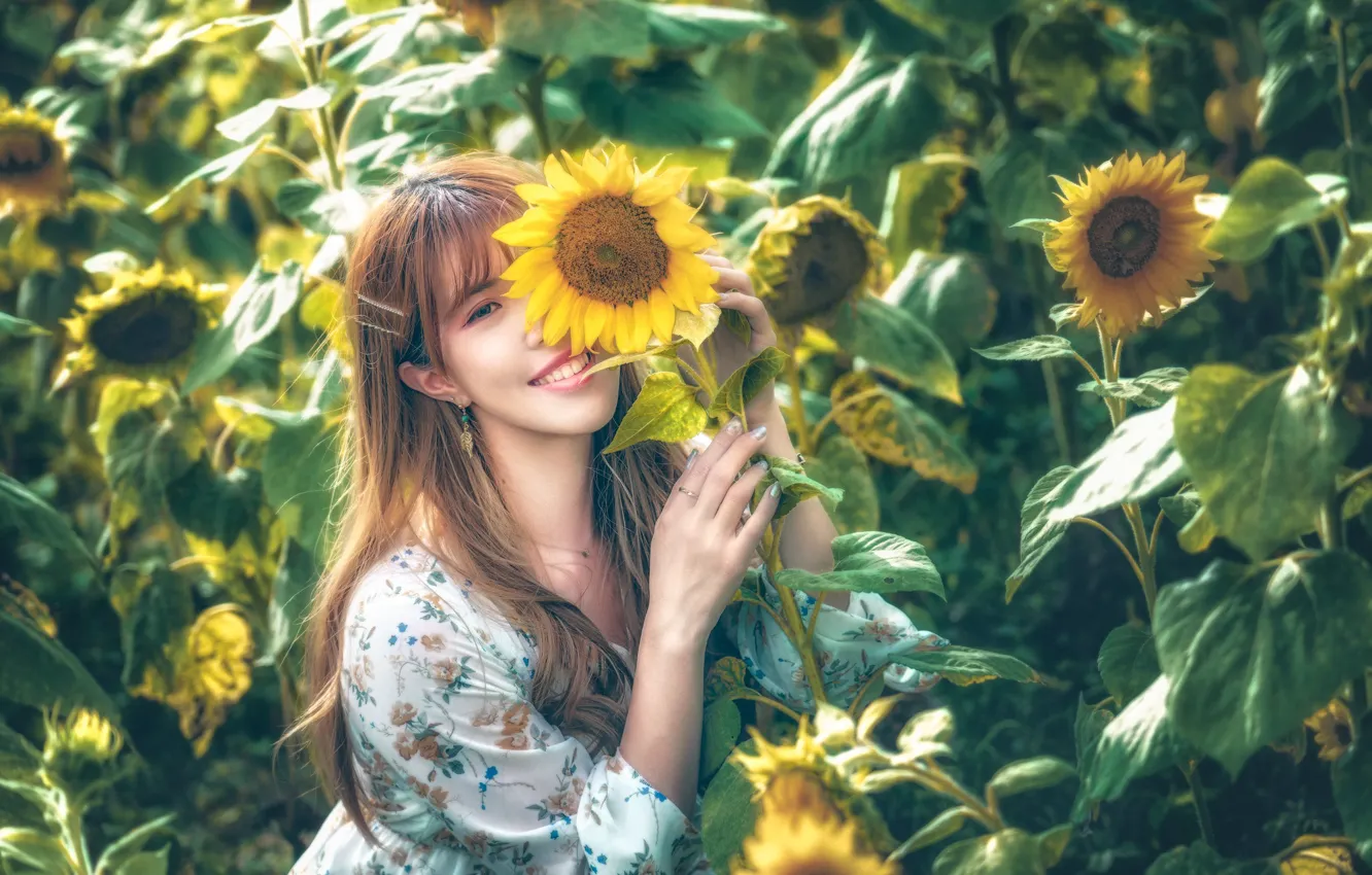 Photo wallpaper field, look, girl, sunflowers, sweetheart, hair