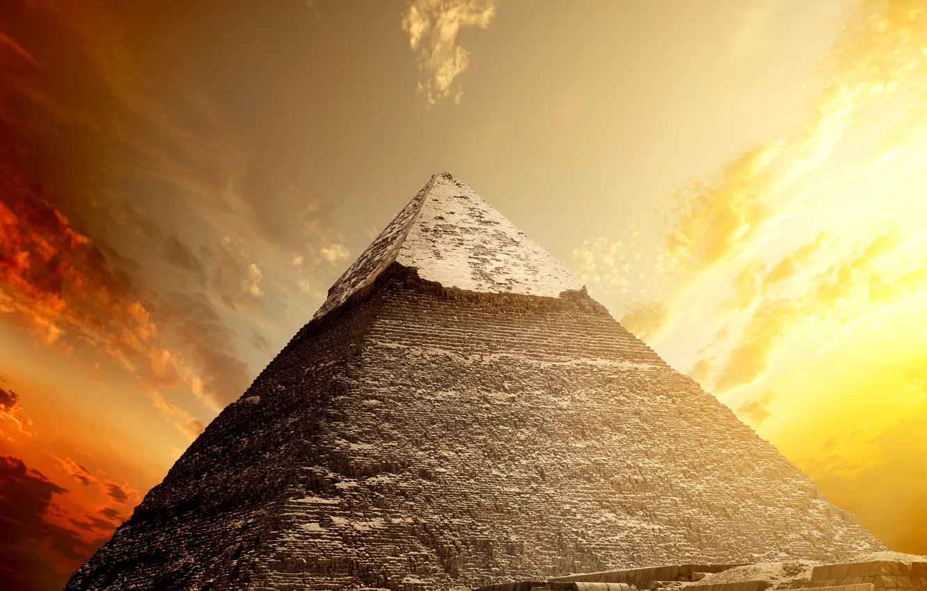 Photo wallpaper road, the sky, clouds, stones, desert, horse, the fence, pyramid