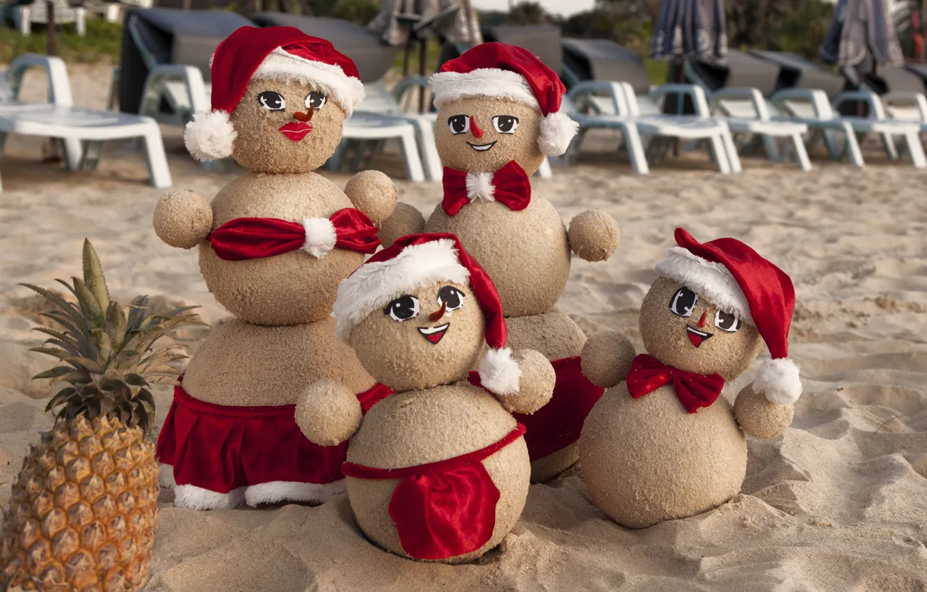 Photo wallpaper sand, beach, Christmas, snowman, Christmas, beach, sand, New Year