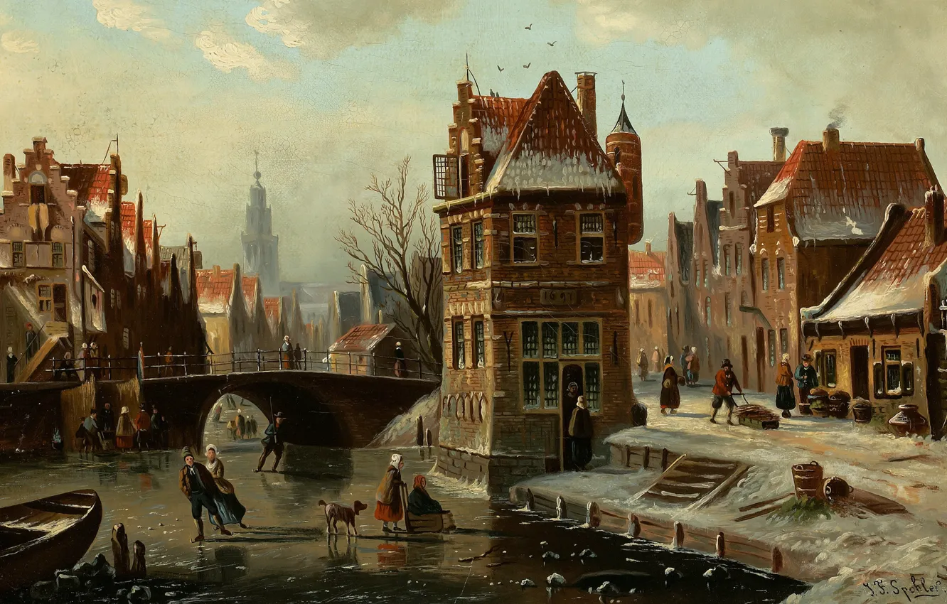 Photo wallpaper Dutch painter, Dutch artist, oil on canvas, Johannes Franciscus Spohler, Scene on the canal with …