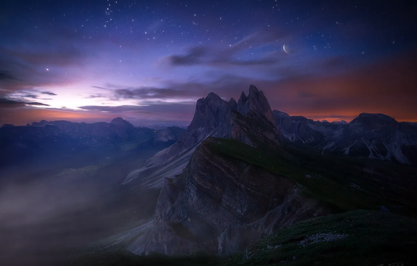 Photo wallpaper mountains, rocks, the moon, horizon, art, Italy, The Dolomites