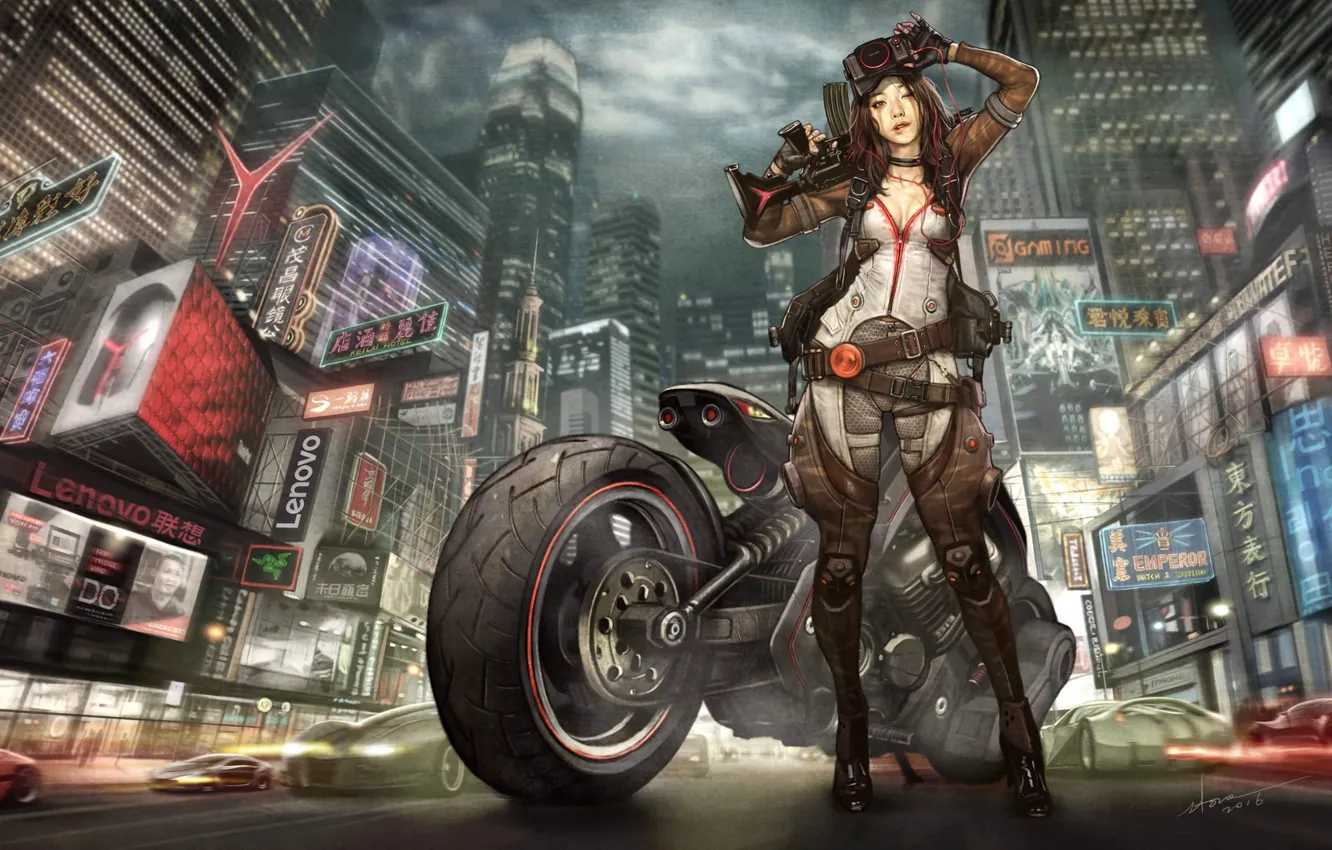 Photo wallpaper Girl, The city, Asian, Girl, Motorcycle, City, Moto, Weapons