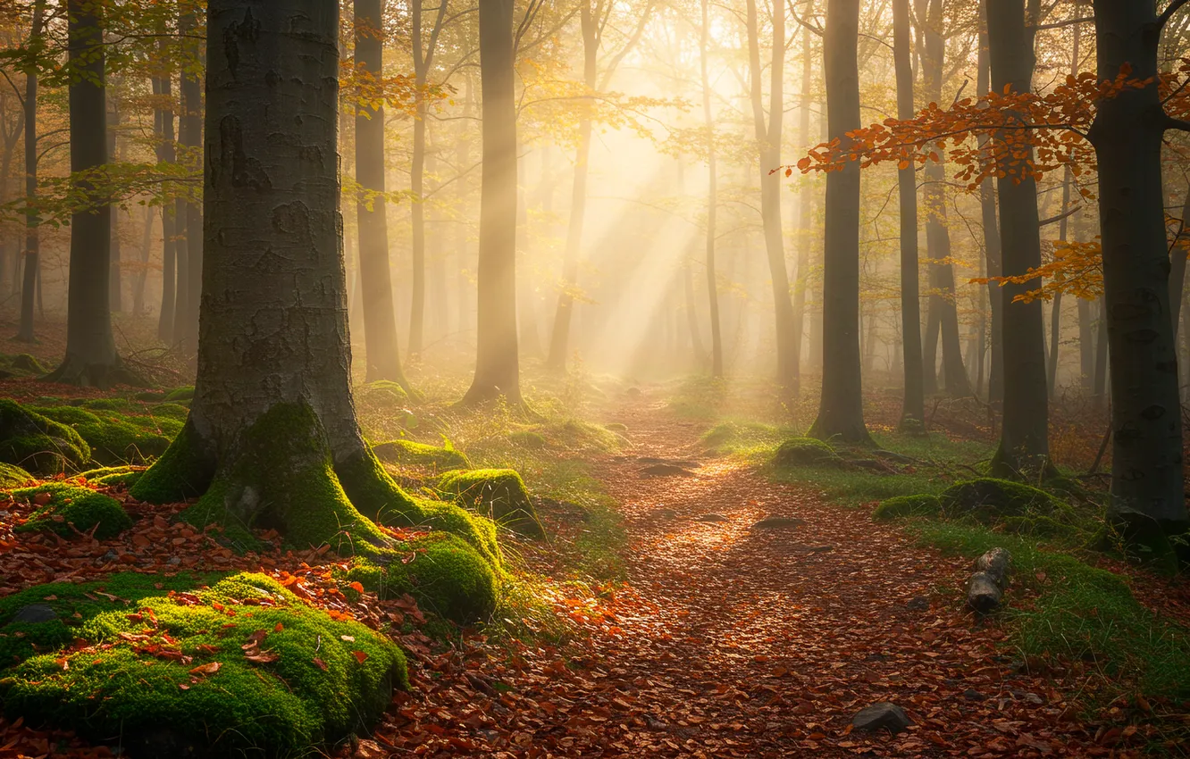 Photo wallpaper autumn, forest, trees, fog, the rays of the sun