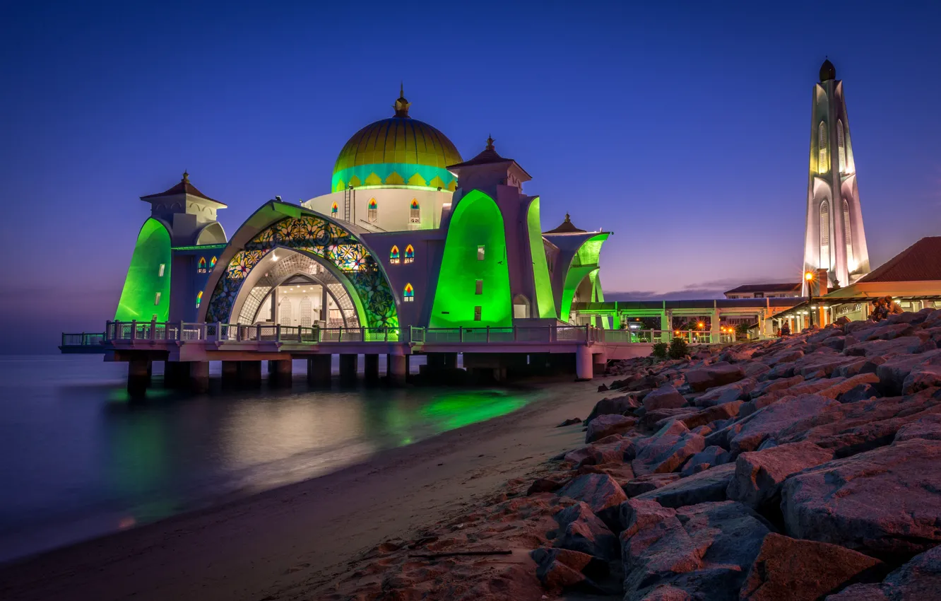 Photo wallpaper light, night, the city, stones, shore, mosque, architecture, Malacca Straits Mosque