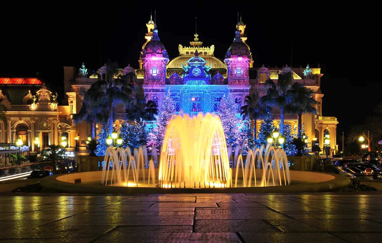Photo wallpaper night, lights, fountain, casino, Monaco, Monte Carlo