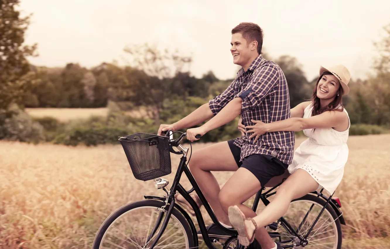 Photo wallpaper leaves, girl, joy, nature, bike, smile, background, mood