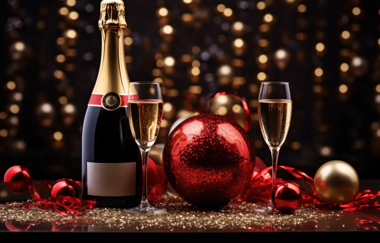 Photo wallpaper balls, lights, holiday, wine, Shine, glass, bottle, new year