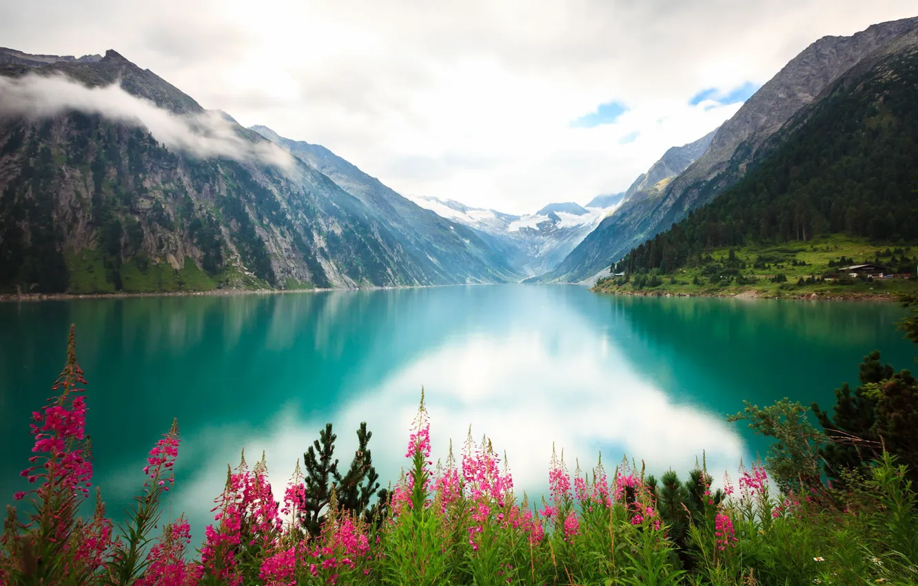 Photo wallpaper clouds, flowers, mountains, lake, river, shore