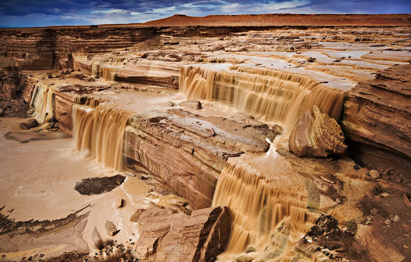 Photo wallpaper the sky, clouds, river, rocks, canyon, chocolate waterfall, streams of mud