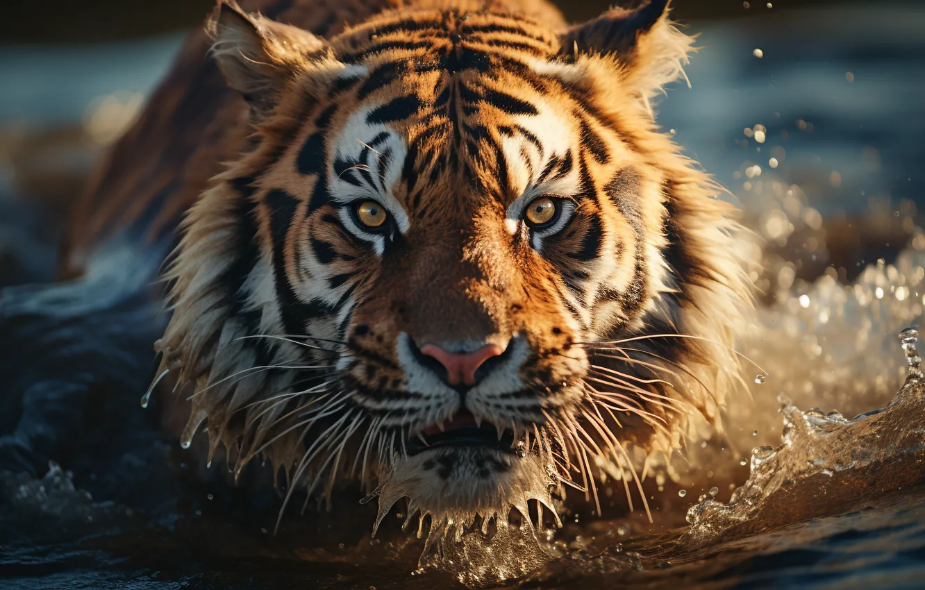 Photo wallpaper look, face, water, tiger, predator, front, big cat, digital art