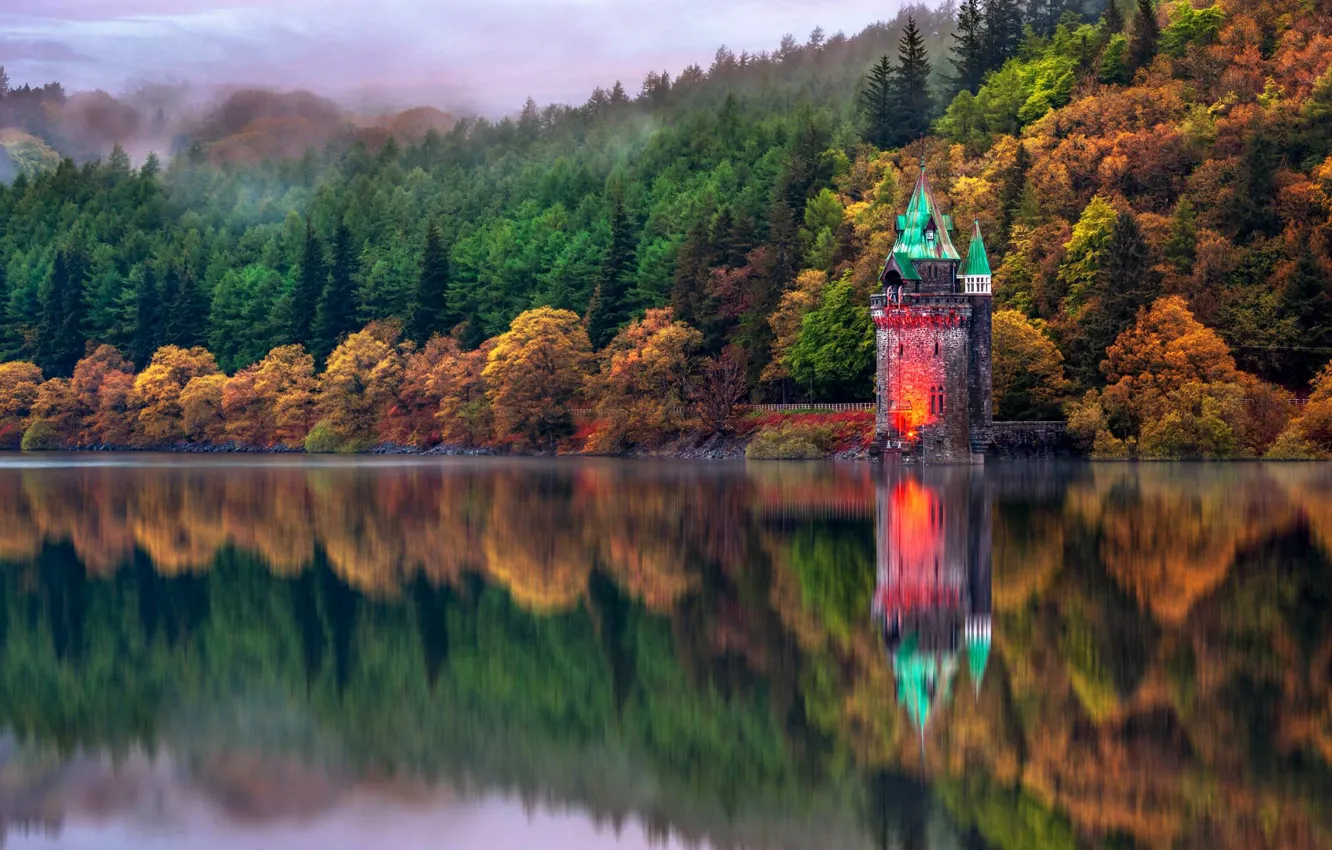Photo wallpaper autumn, trees, reflection, Wales, lake Vyrnwy, the drain tower