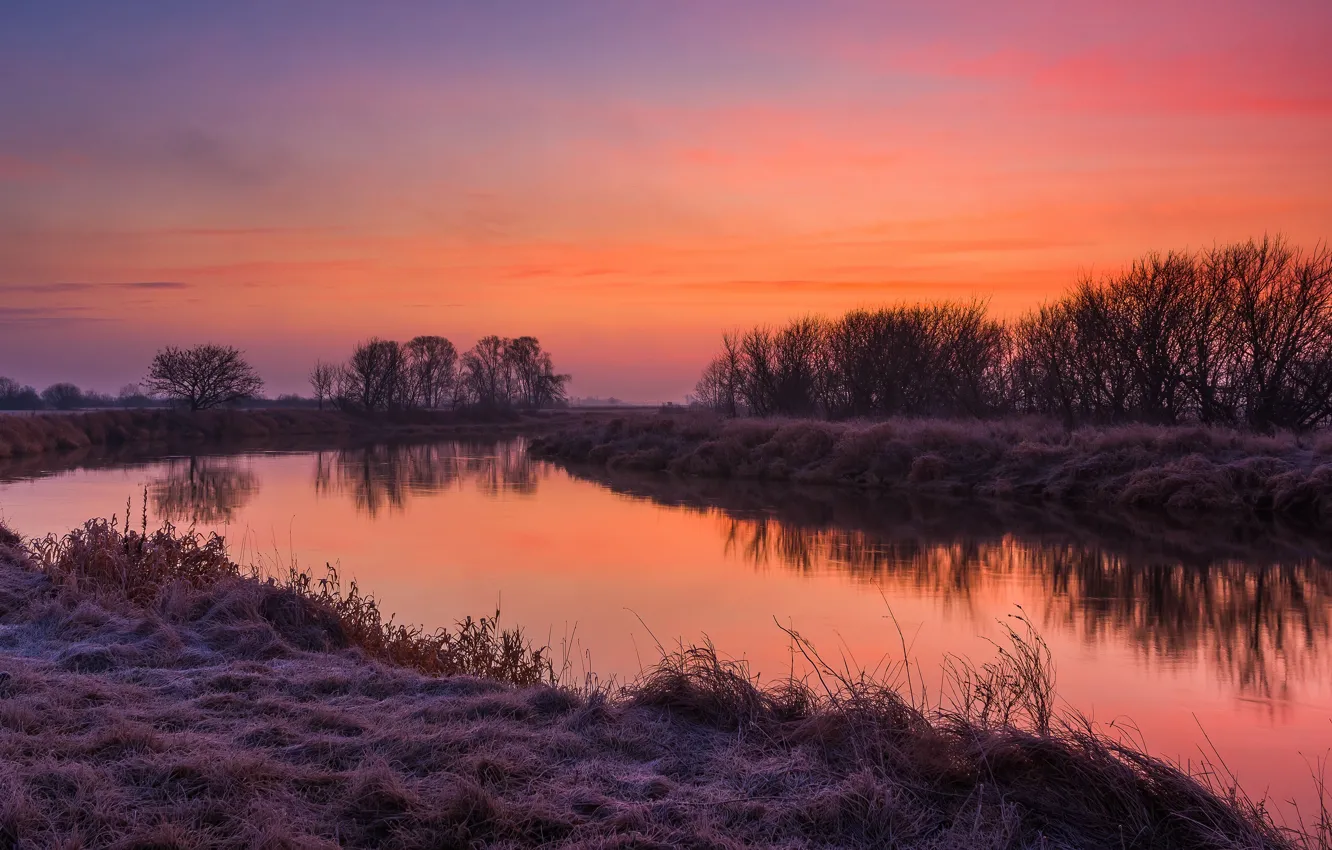 Photo wallpaper frost, autumn, the sky, grass, trees, sunset, reflection, river