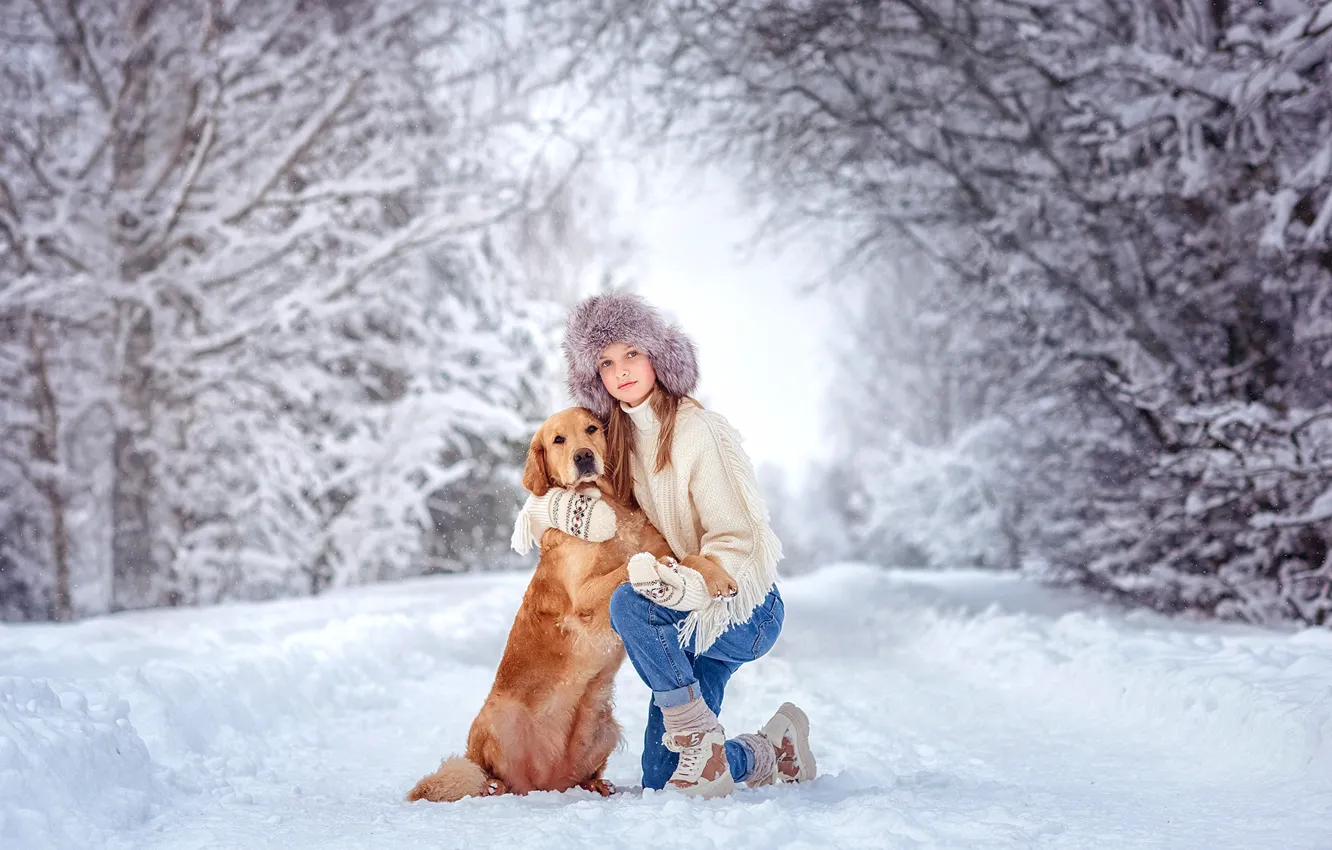 Photo wallpaper winter, girl, snow, trees, nature, animal, dog, hugs