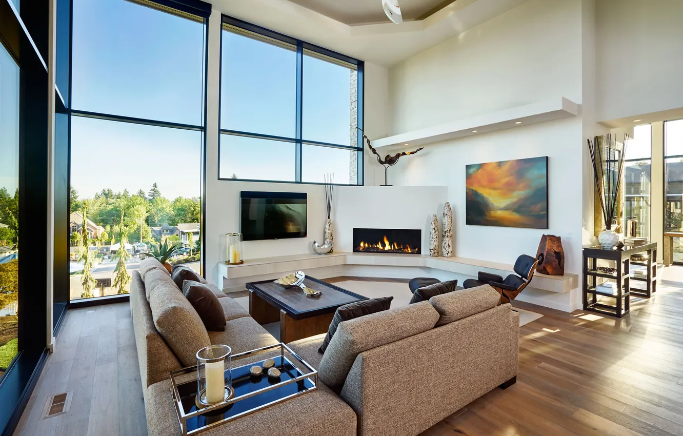 Photo wallpaper design, style, Villa, interior, fireplace, living room, upholstered furniture