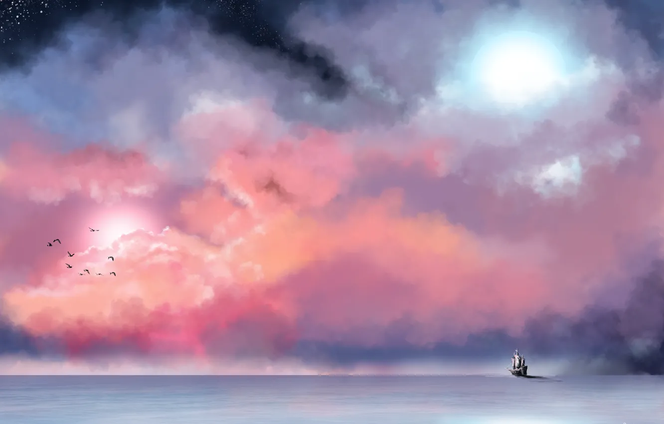 Photo wallpaper sea, the sky, stars, clouds, birds, fog, ship, painting