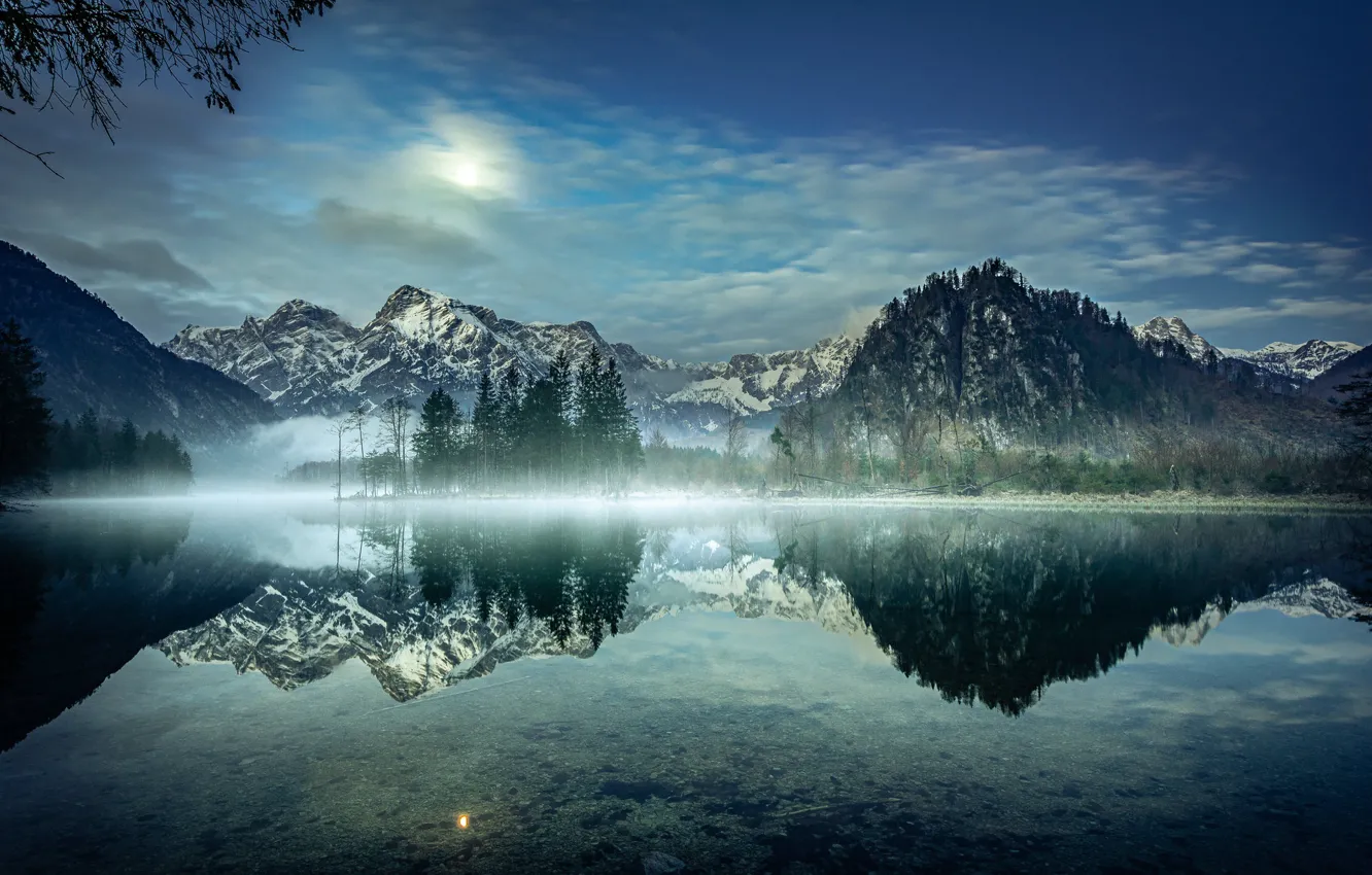 Photo wallpaper trees, mountains, lake, reflection, morning, Austria, Alps, Austria