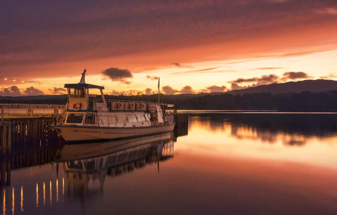 Photo wallpaper sunset, ship, England, Ambleside